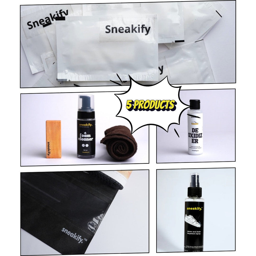 Pack of 5 | Sneaker Cleaning Kit , Sneaker Wipes, Sneaker Midsole De Oxidizer, Water and Stain Repellant Spray, Sneaker Bags