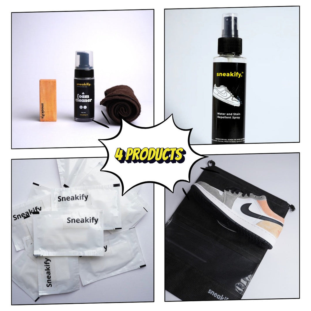 Pack of 4| Sneaker Cleaning kit, 30 Sneaker wipes, Water & Stain Repellor , 2 Sneaker Bags